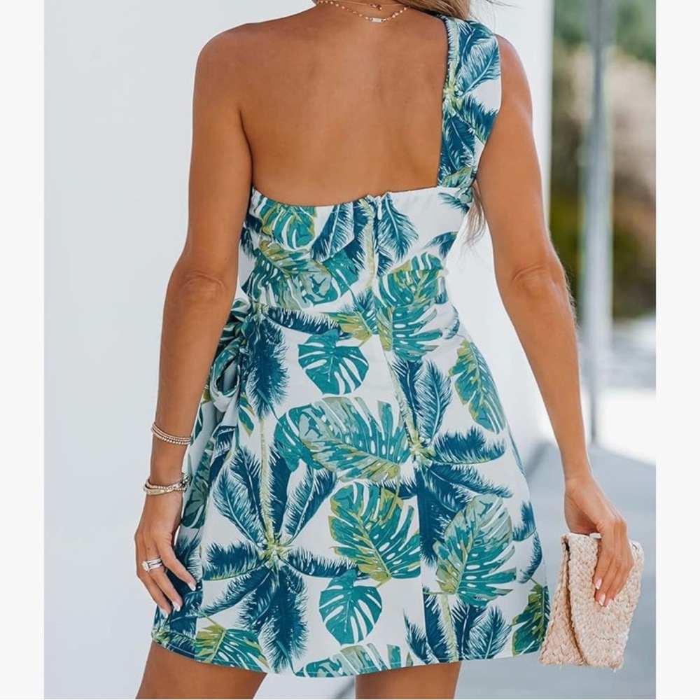 Women's One Shoulder Leaf Print Self-tie Short - Picture 2 of 4